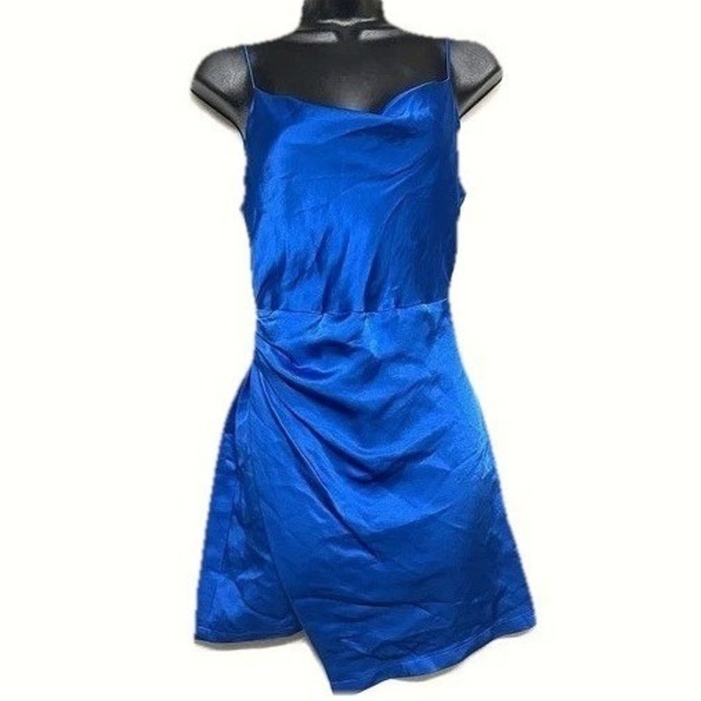 Zara Satin Mini Dress Royal Blue Draped Slip Strappy Women XS Bloggers Fav